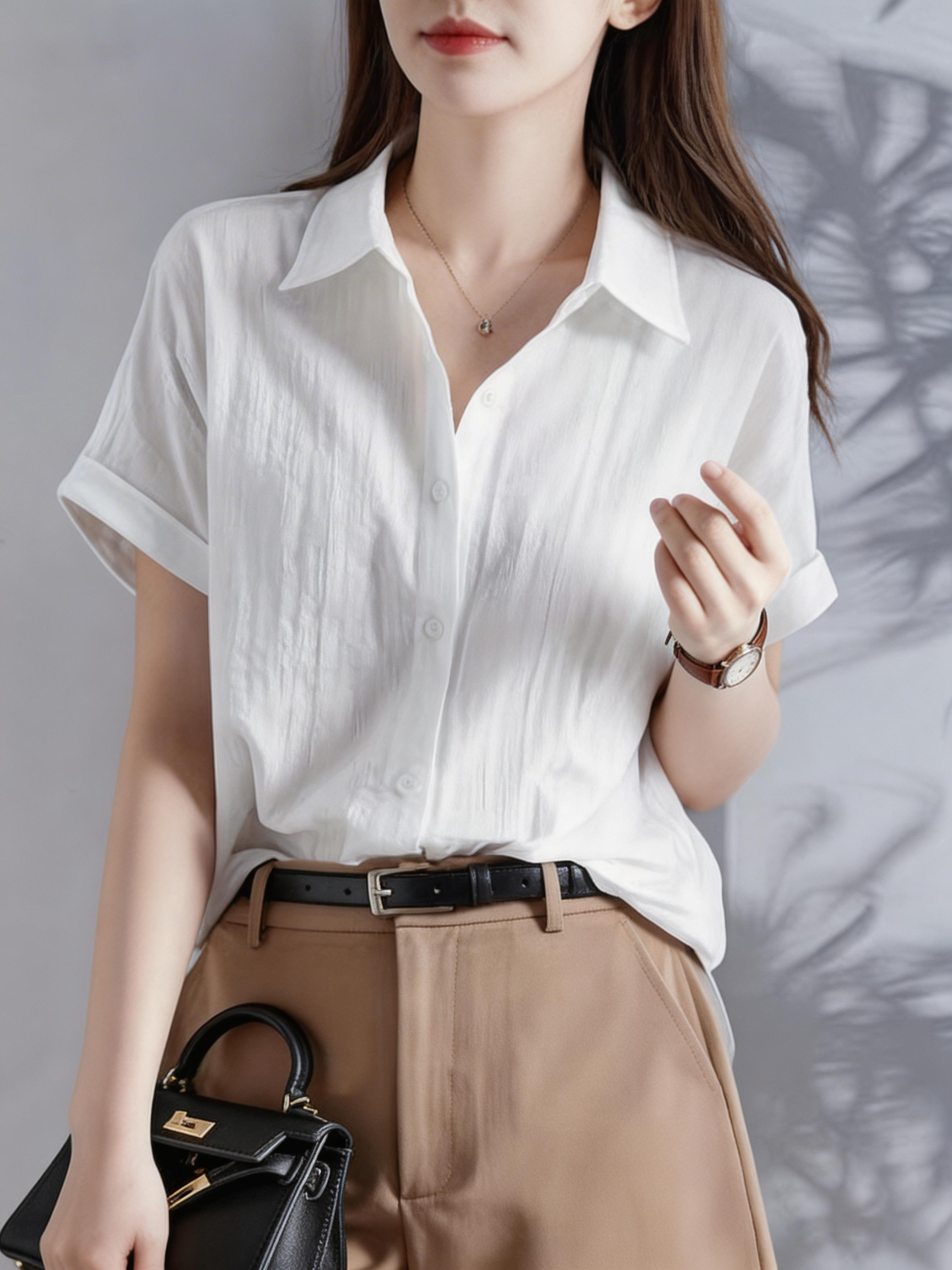 Chemise blanche décontractée pour femmes, chemisier à manches courtes et col en V, vêtements de travail de bureau, chemisier texturé respirant