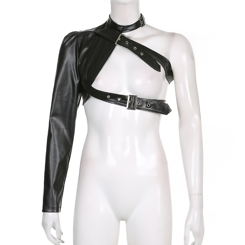 Haut court Style Punk pour femmes, Cool, manches longues, cintre de cou, ceinture en cuir, hauts connectés, vestes Streetwear