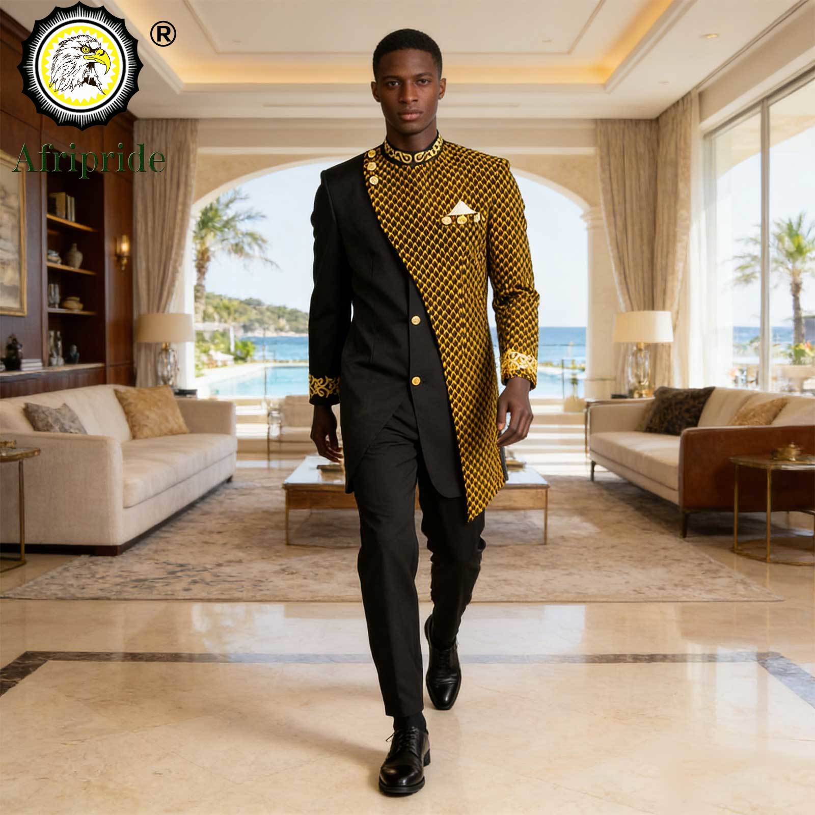 Costumes africains pour hommes, ensemble Blazer et pantalon imprimé brodé, robe d'affaires avec foulard, fête de mariage, soirée A 2316023