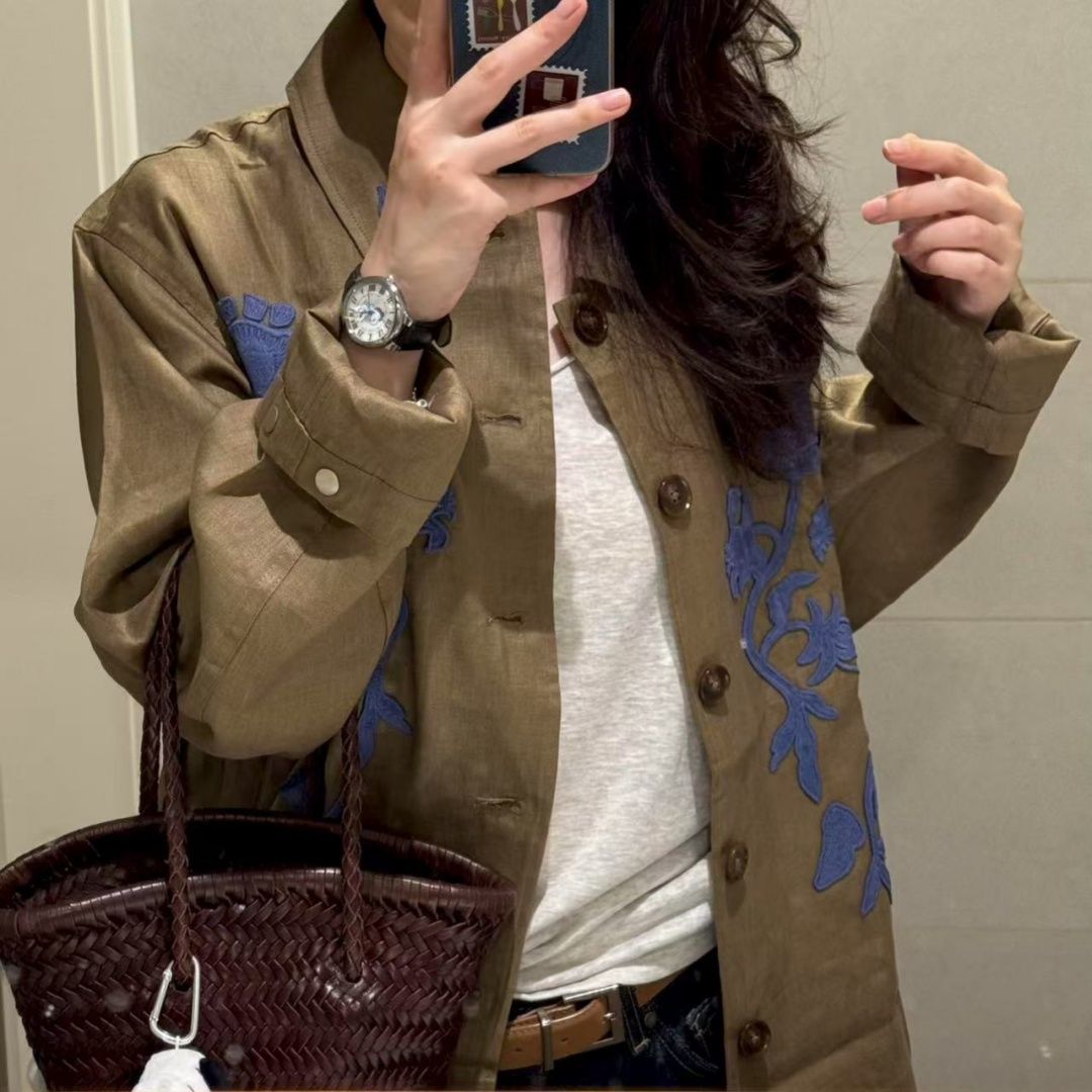Chemisier de printemps pour femme, style vintage, broderie florale contrastante, veste cardigan ample et polyvalente