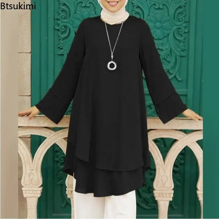 Nouvelles femmes musulmanes Blouse mode deux couches Design élégant femme vacances fête solide chemise hauts turquie longue Robe Abaya Hijab 2026
