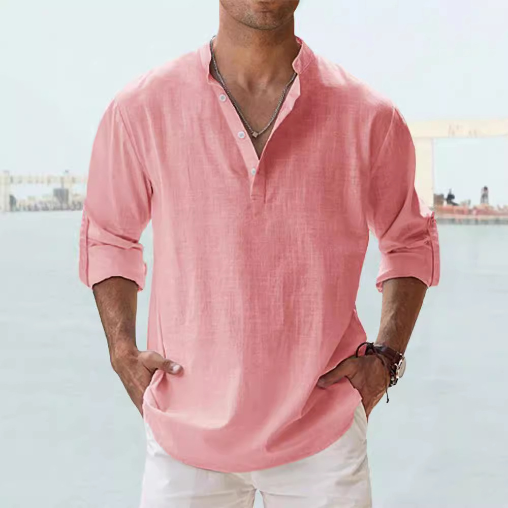 Chemise d'été pour homme en lin à col montant et manches longues, coupe ample, couleur unie, en coton et lin, vêtements pour homme