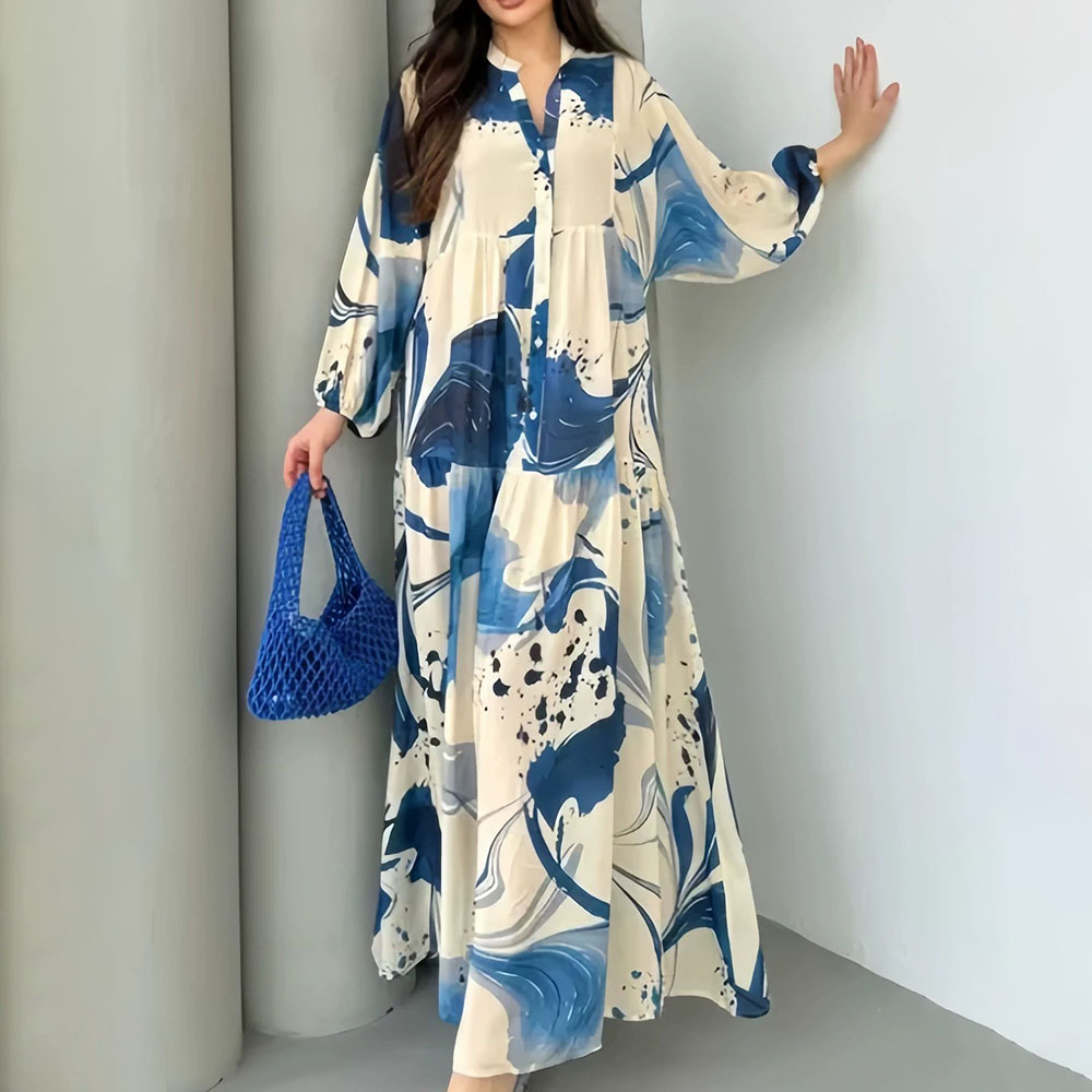Robe longue élégante à imprimé Floral pour femmes, automne-hiver, manches longues, col en v, ample, Maxi, Robes décontractées, 2025