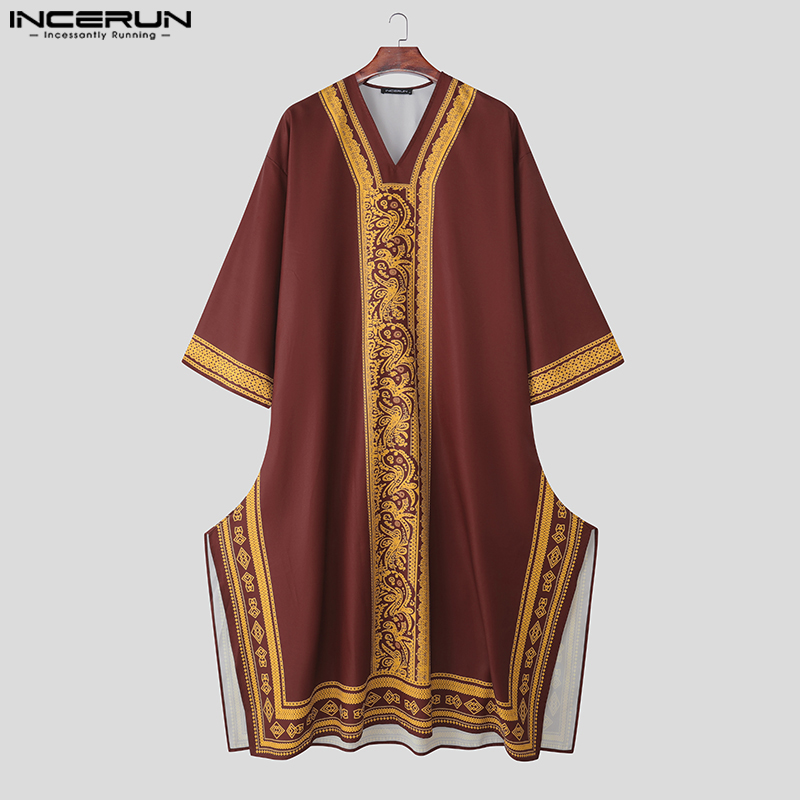 Jubba Thobe pour Hommes, Imprimé Patchwork, Col en V, Manches Longues, Robes Musulmanes, Kaftan Ample, 2026, Caftan Arabe Casual pour Hommes, Abaya INCERUN