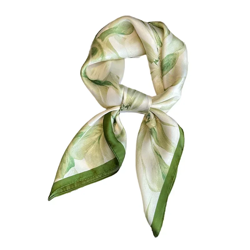 Écharpe carrée à imprimé floral vert pour femme, foulard en satin doux, bandeau femme, bandeau de sauna, hijab, décoration de mode, 70x70cm