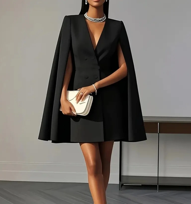 Femmes robes 2025 printemps automne nouveau déplacement Double boutonnage châle Cape couleur unie col en v Mini robe mode vêtements pour femmes