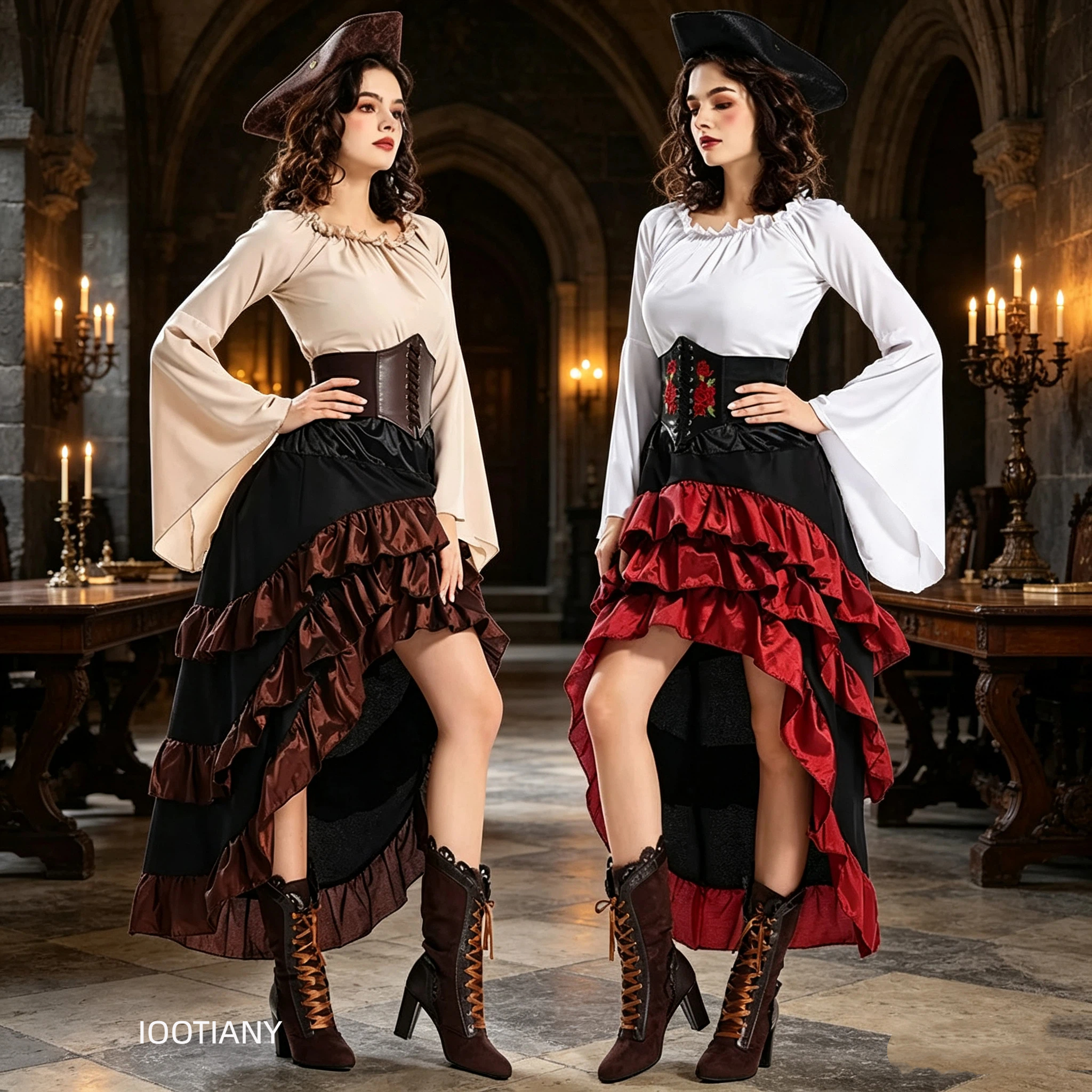 Tenue de Reine Pirate de Style Médiéval, Robe Longue Vintage à Volants et Corset Irrégulier, Parfaite pour le Cosplay de Navigatrice 2026