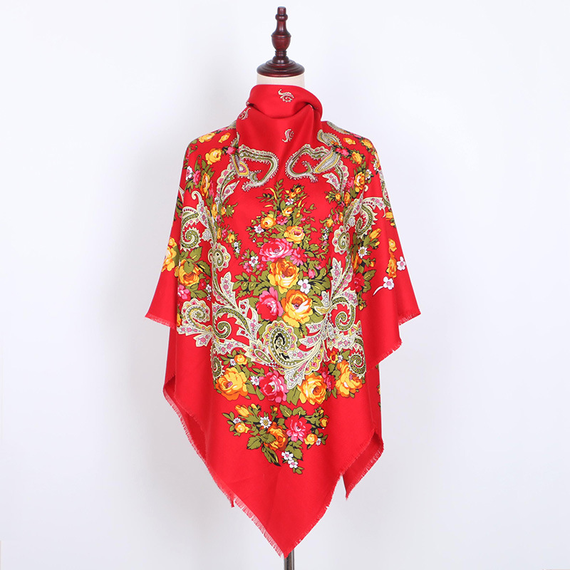 Écharpe carrée de grande taille pour femmes russes, Bandana de luxe à imprimé Floral, châle National rétro à pompon court
