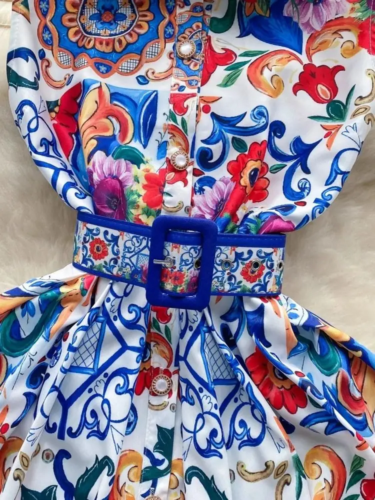 Robe de soirée élégante pour femme, robe trapèze mince avec ceinture, robes à fleurs imprimées, robe midi taille haute vintage pour femme, été