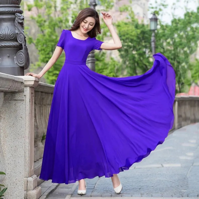 Nouvelle Robe Longue d'Été pour Femme 206, Style Coréen, en Chiffon, Coupe Ajustée, Jupe à Grand Ourlet Super Longue, Idéale Plage