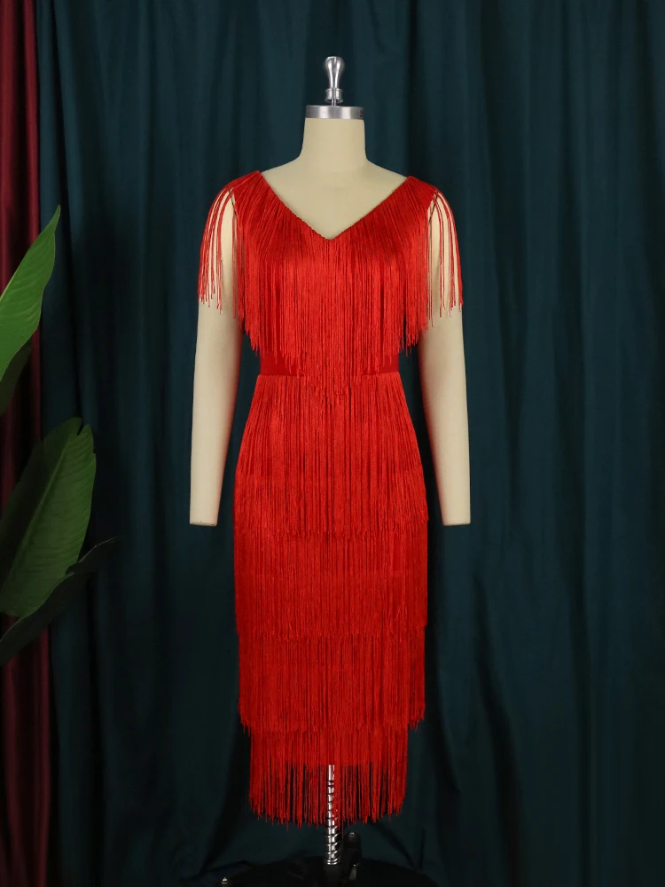 AOMEI gland robes fête col en V sans manches taille haute femmes frange danse soirée robes d'anniversaire Sexy Club nouvelle Robe africaine