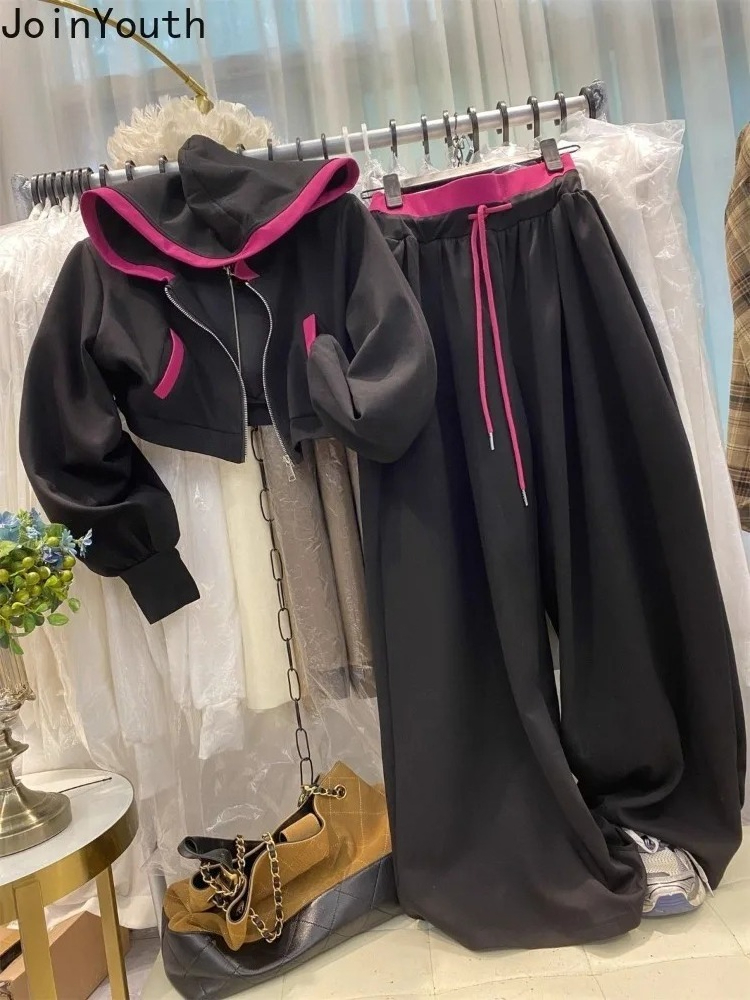 Ensemble pantalon et veste pour femme, 2 pièces, veste courte à capuche zippée, pantalon large à cordon de serrage, tenue décontractée tendance