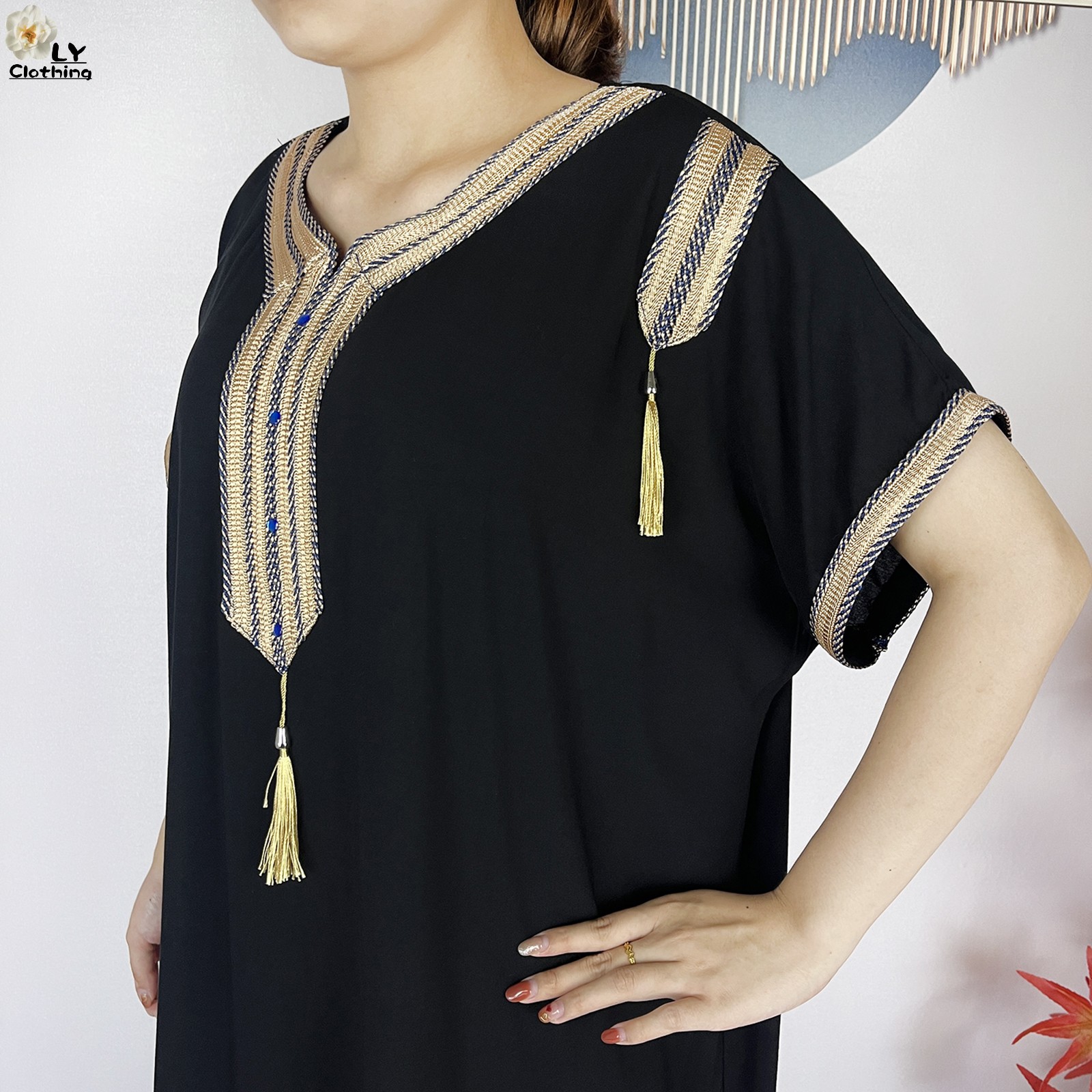 Nouveau Abayas musulman d'été à manches courtes africain Dashiki glands coton Caftan ample dame Maxi Islam robes décontractées avec foulard