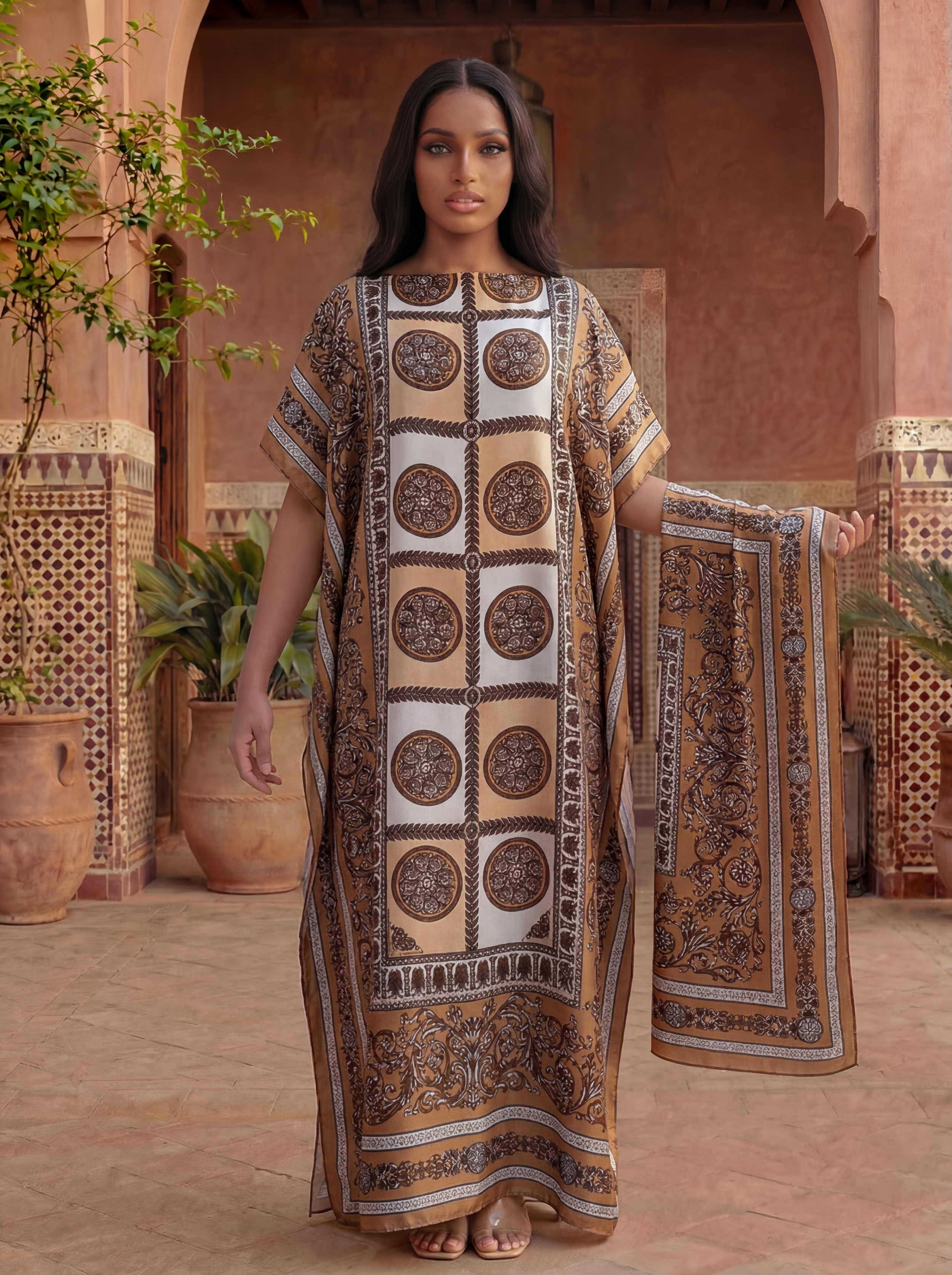 Abaya imprimée style Dubaï avec foulard assorti - Robe maxi kaftan ample à col bateau et manches chauve-souris pour femmes musulmanes