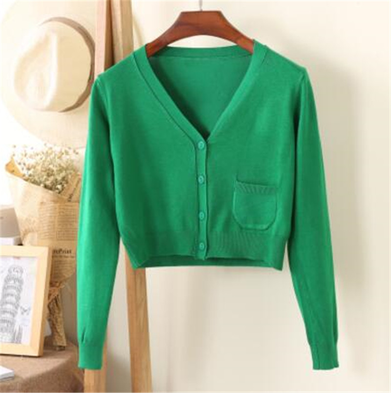 Cardigan court col en V pour femmes, manches longues, en coton, pulls, manteau fin, tricots de printemps