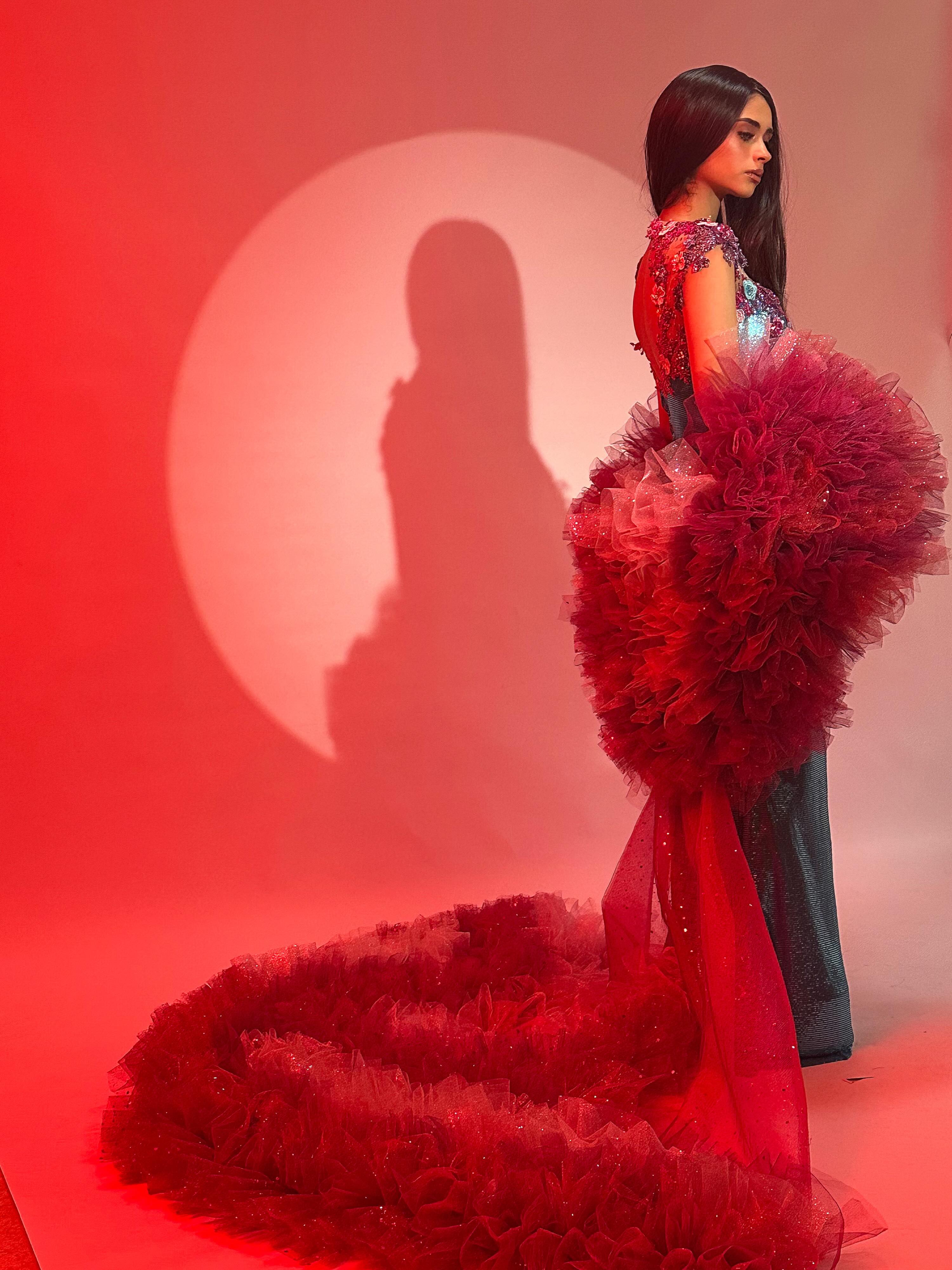 Cape en tulle pour femme, châle à volants, manches ballon, rouge bordeaux, élégante, longueur ras du sol, à sequins scintillants, pour soirée ou mariée, coupe oversize