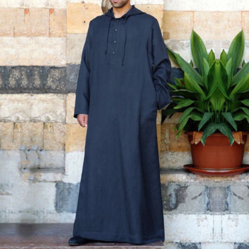 Hommes musulmans décontracté coton Robe à manches longues à capuche mâle Abaya islamique minimaliste tuniques blanc noir Djellaba Jubba Thobe grande taille