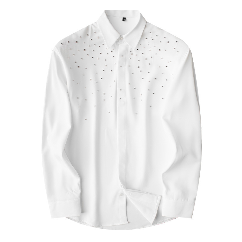 Chemise à manches longues pour homme décorée de strass, chemise de soirée à rivets, chemise de cérémonie, chemise décontractée pour affaires, Camisa Masculina