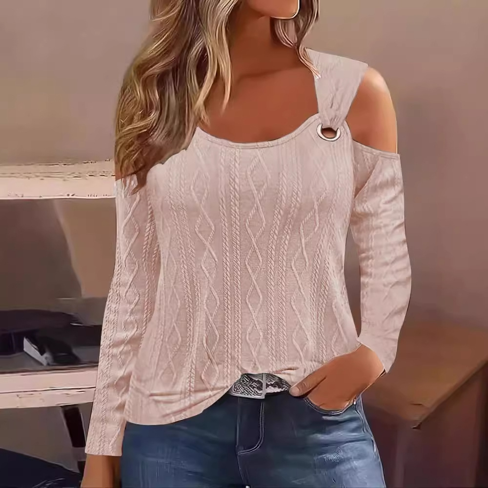 Printemps t-shirts pour femmes Sexy épaules nues à manches longues chemise femmes élégant décontracté solide pull ample noir blanc nouveau Jacquard