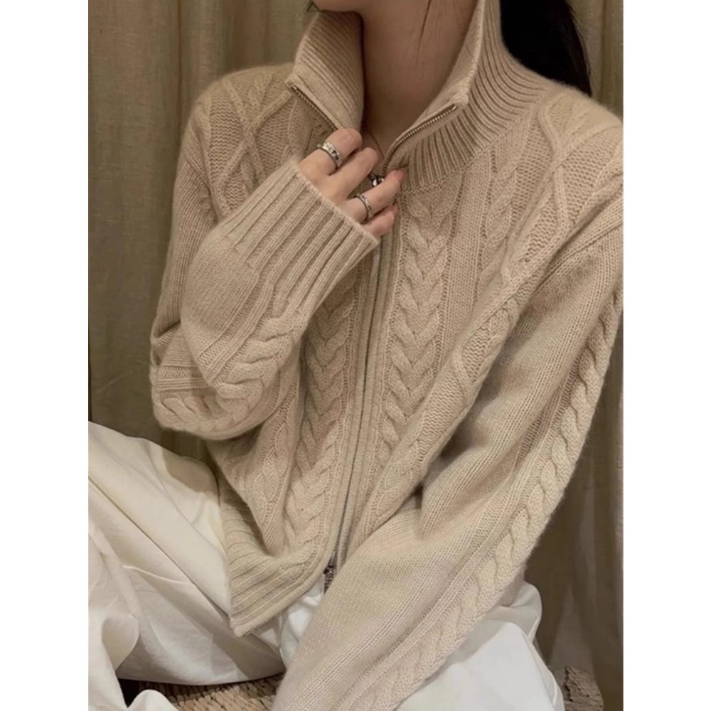 Cardigan 100% cachemire pour femmes, col haut, pull ample et doux pour l'automne et l'hiver, pull tricoté en laine, manteau épais