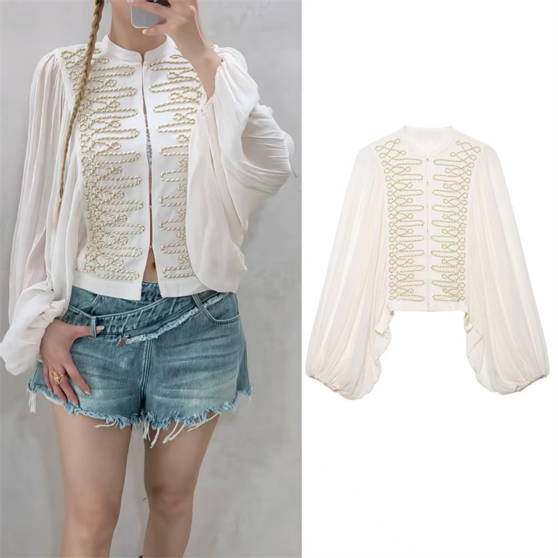 Guobioziy 2026 Chemise Femme Automne Nouvelle Beige à Manches Longues avec Décoration de Noeud, Manches Bouffantes, Style Romantique Français, Chemise Légère
