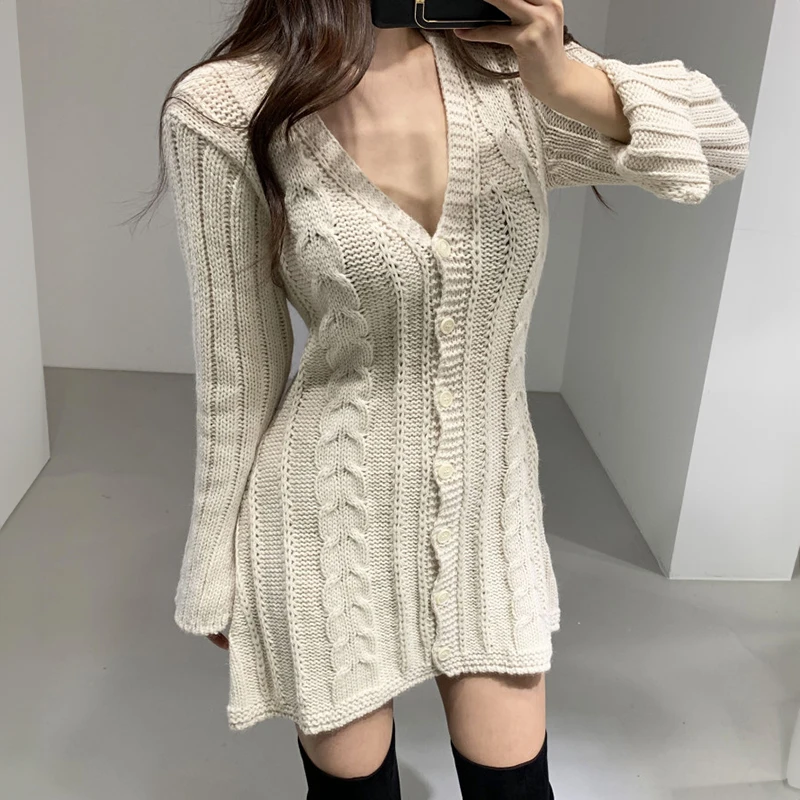 Robe pull pour femme, manches longues, tricot torsadé, boutonnée, ajustée, mini-robe, tenue rétro des années 90 pour adolescentes, automne-hiver