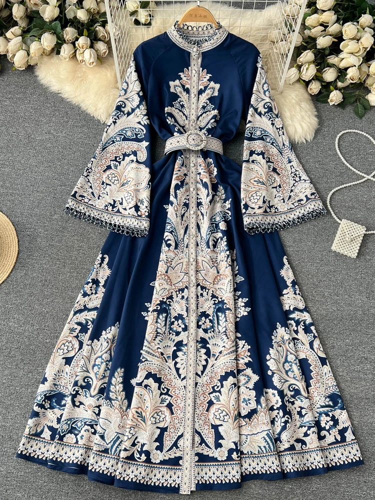 Robe longue imprimée Vintage pour femmes, col rond, manches évasées, robes élégantes, simple boutonnage, plissée irrégulière, Maxi, printemps automne