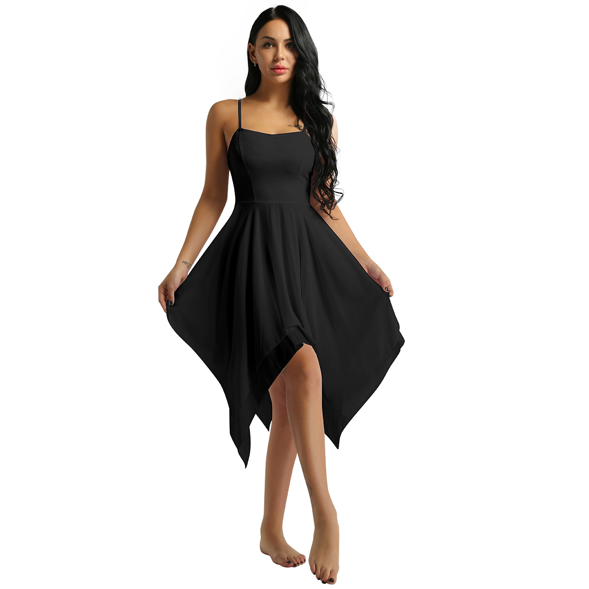 Robe de Ballet pour femmes, robe de gymnastique de ballerine, pour adultes, bretelles Spaghetti, sans manches, asymétrique, en mousseline de soie, robe de danse contemporaine