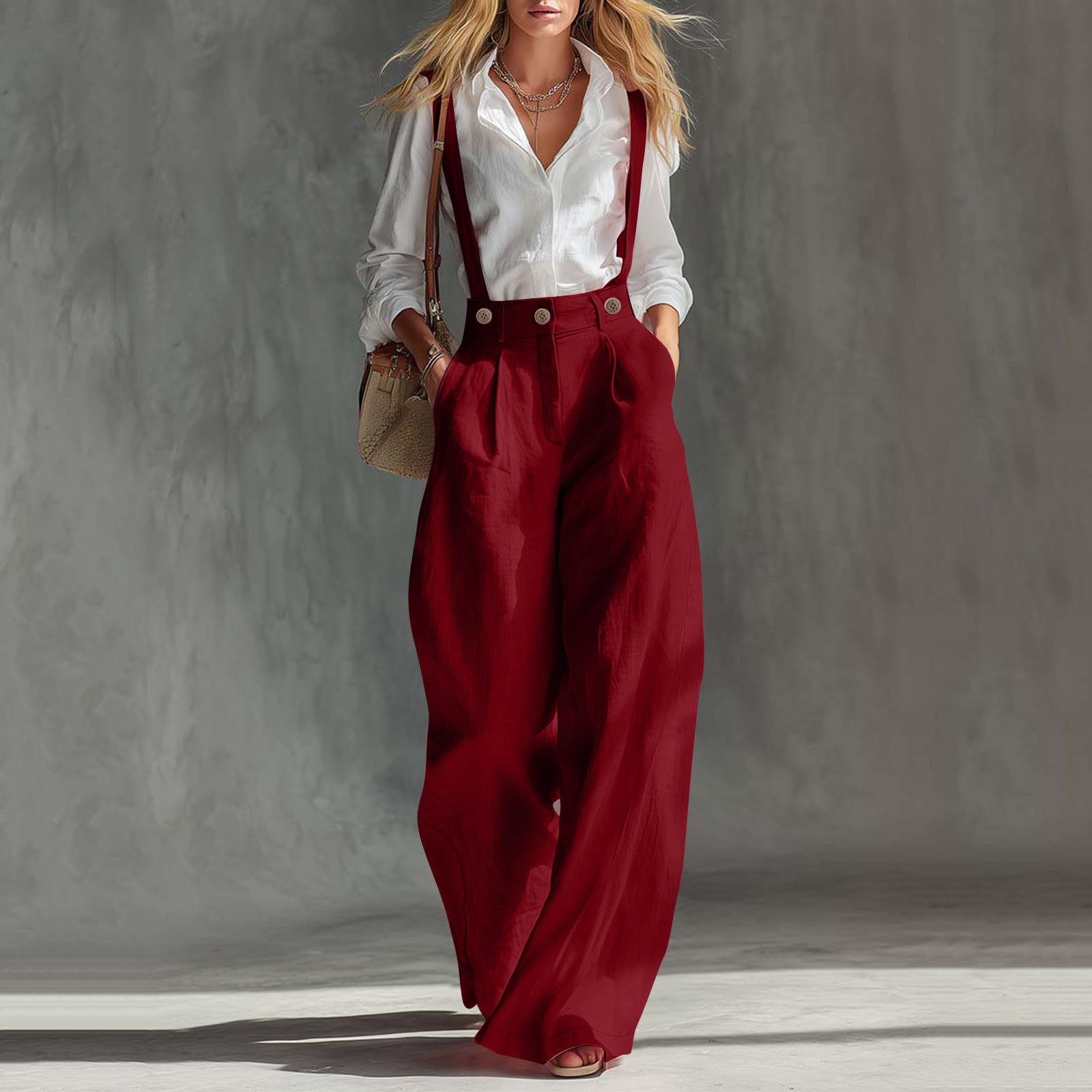 Pantalon décontracté à bretelles pour femmes, pantalon à jambes larges, taille haute, plissé, aspect lin, avec poches, pour le travail, les vacances et le quotidien