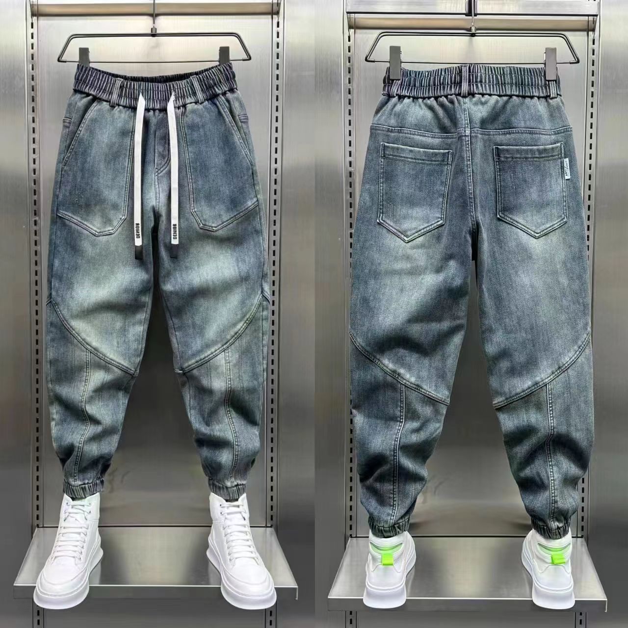 Jean Denim Bleu pour Homme, Pantalon Sarouel, Taille artificiel astique, Poignets, Vêtements de Luxe Décontractés, Mode Printemps-Automne, Nouveau, 2024