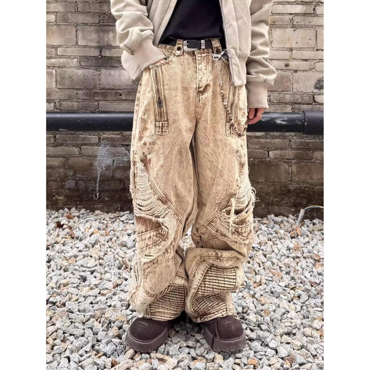 Jean en denim marron clair déchiré et plissé, coupe droite ample, style américain urbain, unisexe, poids lourd
