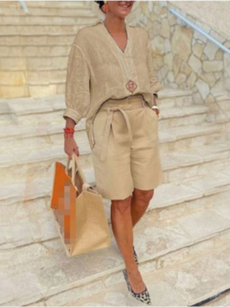 Ensemble Deux Pièces Élégant pour Femme, Chemise Décontractée à Demi Manches, Col en V, Short avec Ceinture de Poche, Tenues d'Été en Coton et Lin