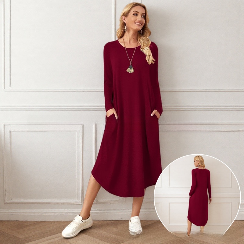 Robe décontractée à manches longues de couleur pure, jupe mi-longue élégante, ourlet arqué, coupe ample, tissu en soie de lait, encolure ronde, automne...