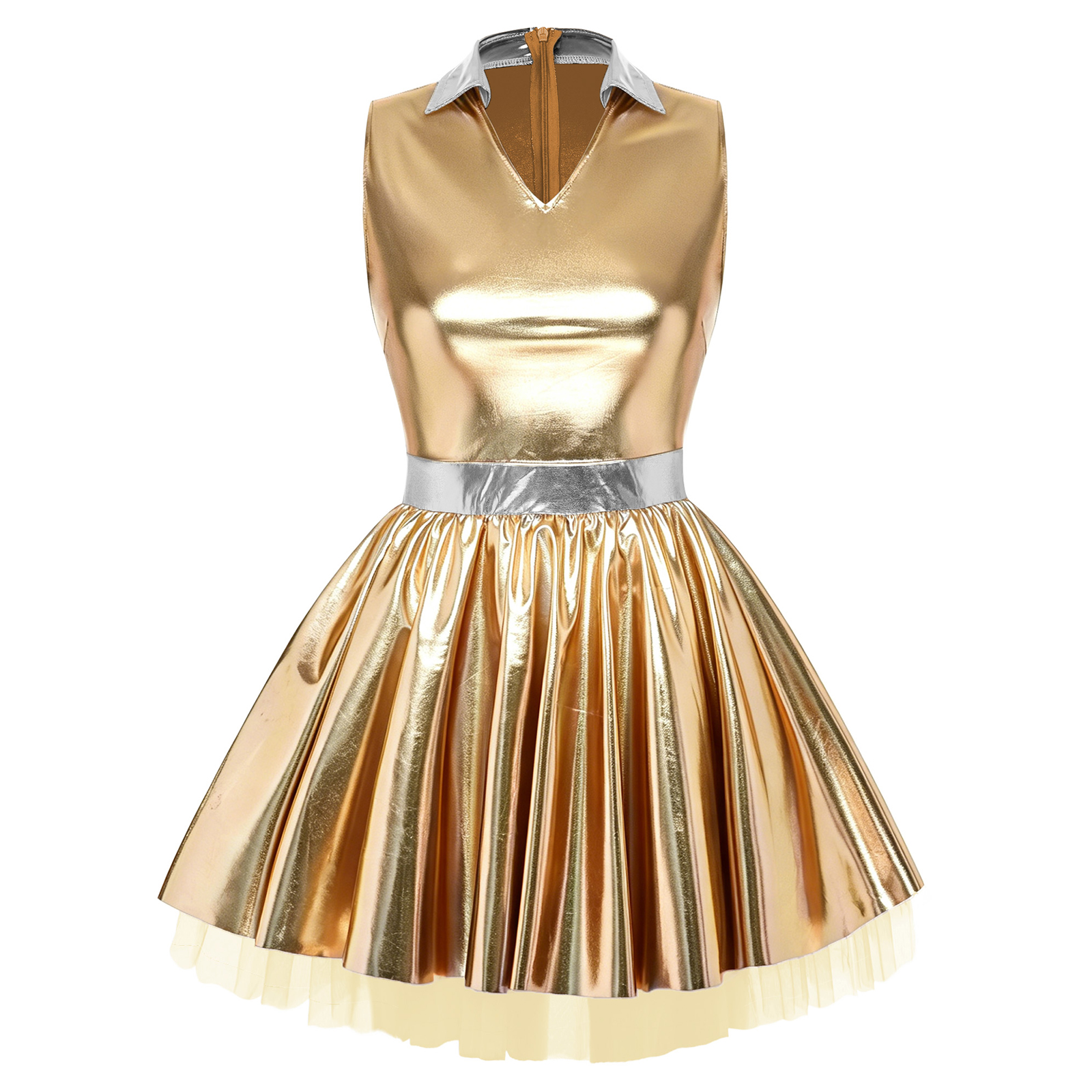Robe disco pour femme, col en V, sans manches, coupe trapèze avec couches de tulle, mini-robe tutu métallique pour boîte de nuit et pole dance