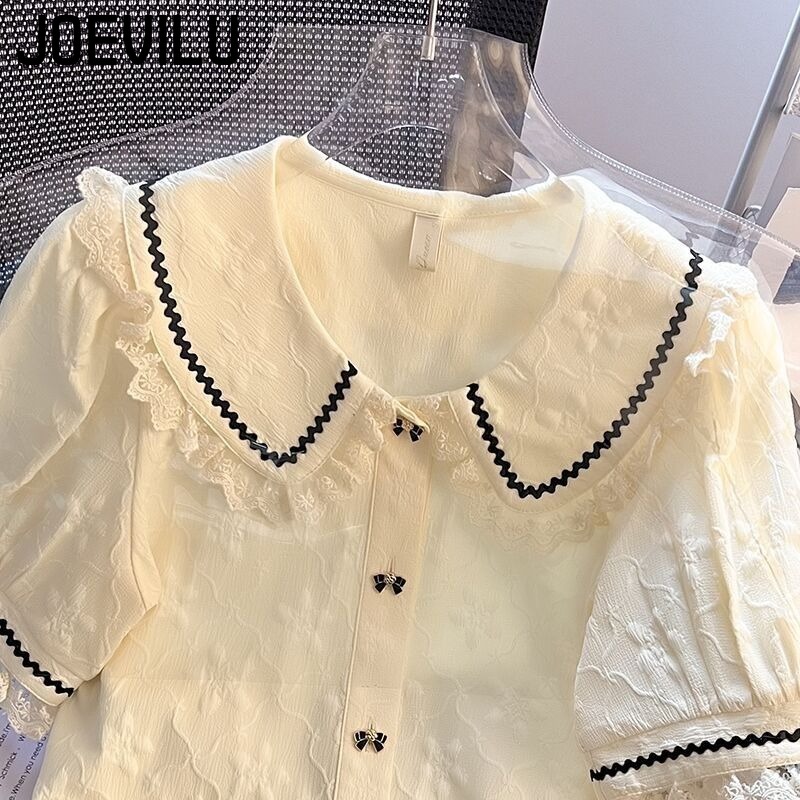 Chemise en mousseline de soie pour femmes, haut français à manches bulles, dentelle d'été, chemisiers à manches courtes doux et Chic, vêtements coréens élégants pour dames