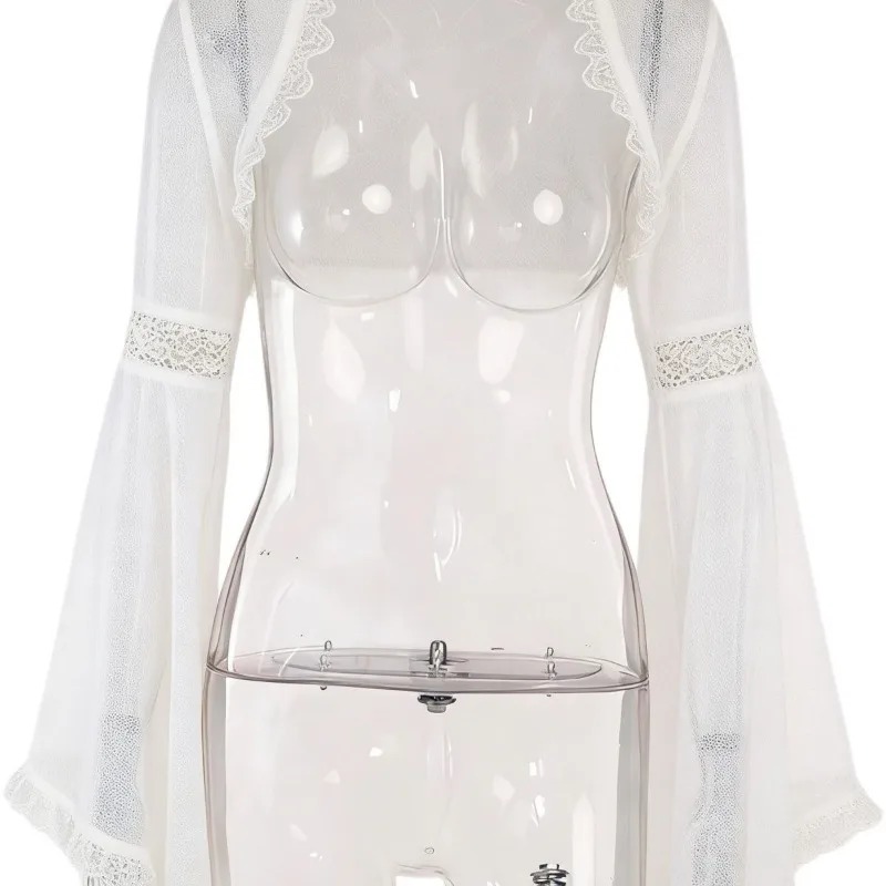 Boléro en dentelle transparente à manches longues évasées, style elfe, pour mariée, avec volants, châle, couvre-robe, veste ouverte Lolita, cardigan