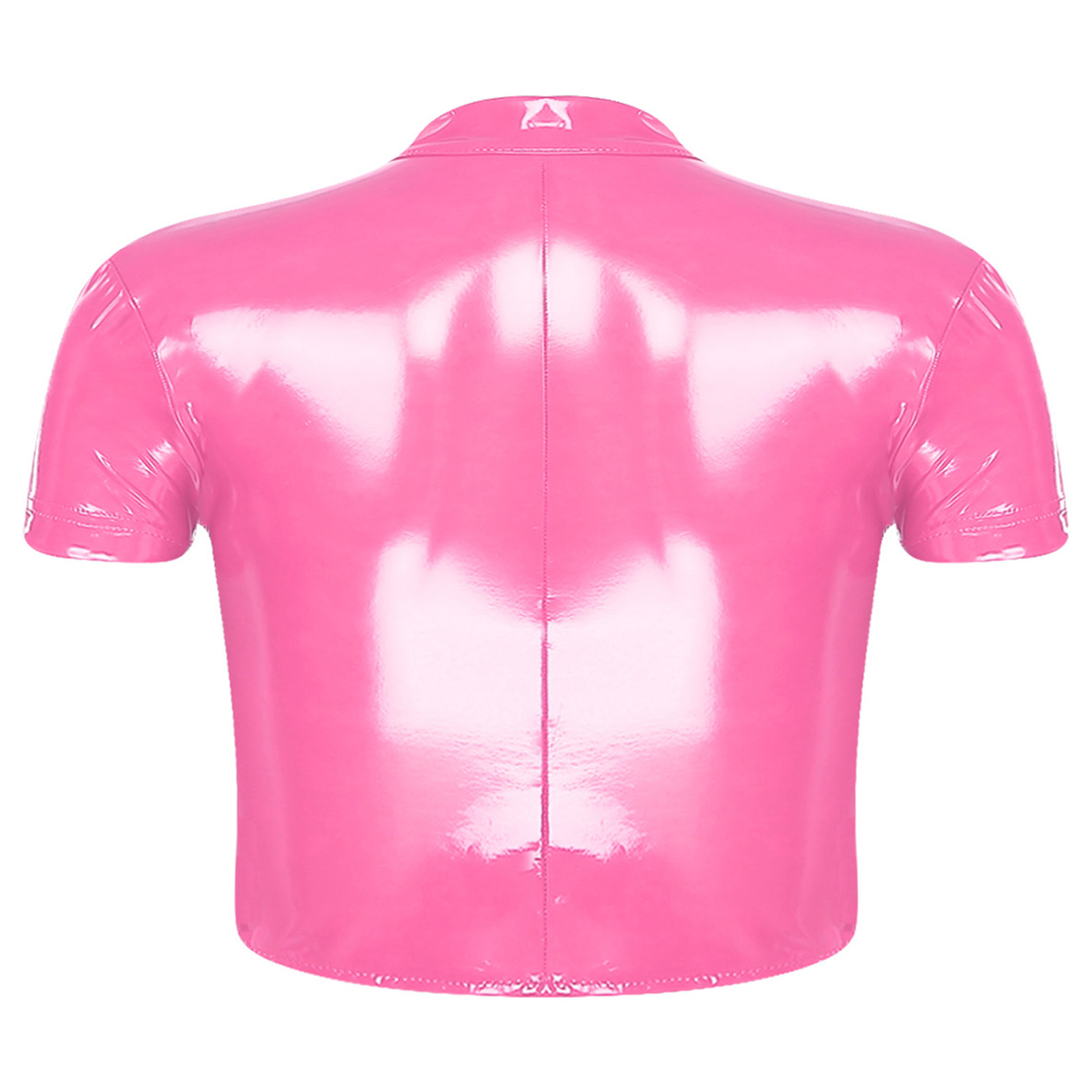 Haut court en PU pour femmes, Look mouillé, push-up, à armatures, découpe, col montant, manches courtes, fermeture éclair sur le devant, haut court brillant, look mouillé, Clubwear