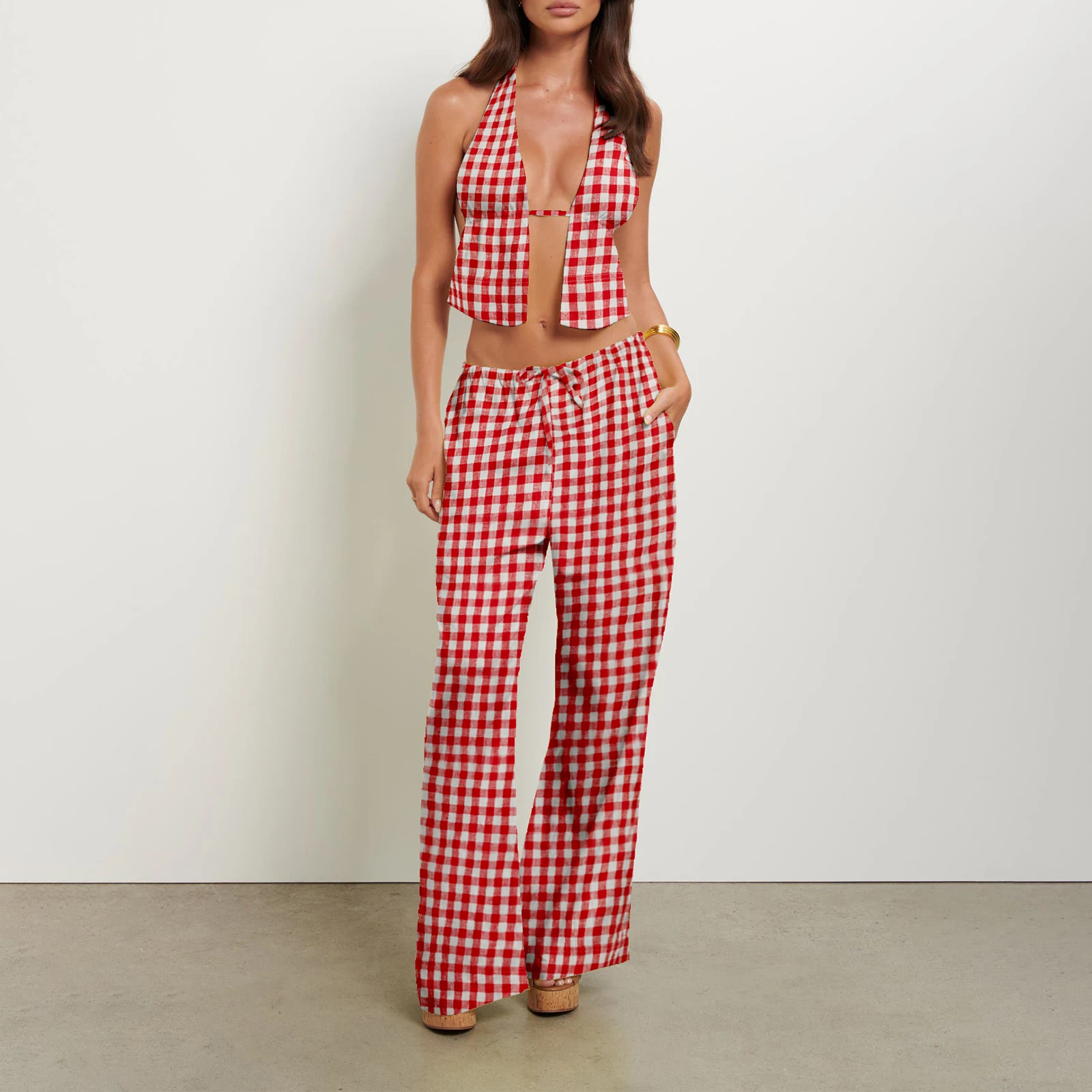 Pantalon à rayures et dos nu pour femme, tenue d'été à la mode, col licou, pantalon à jambes larges, ensemble de vêtements 2 pièces