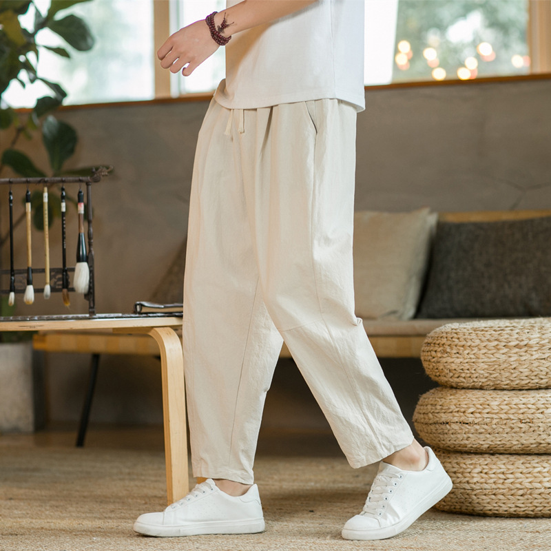 Pantalon décontracté en coton et lin pour homme, couleur unie, respirant, coupe droite, avec cordon de serrage, style streetwear