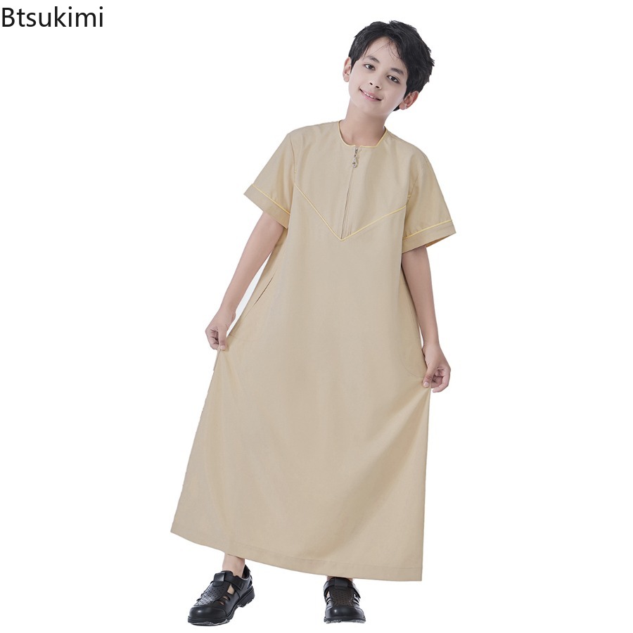 Robe musulmane saoudienne pour garçons, Dishdasha, Abaya, Kaftan, vêtements de prière islamiques, Thobe à manches courtes, tenue pour adolescents du Moyen-Orient, Dubaï