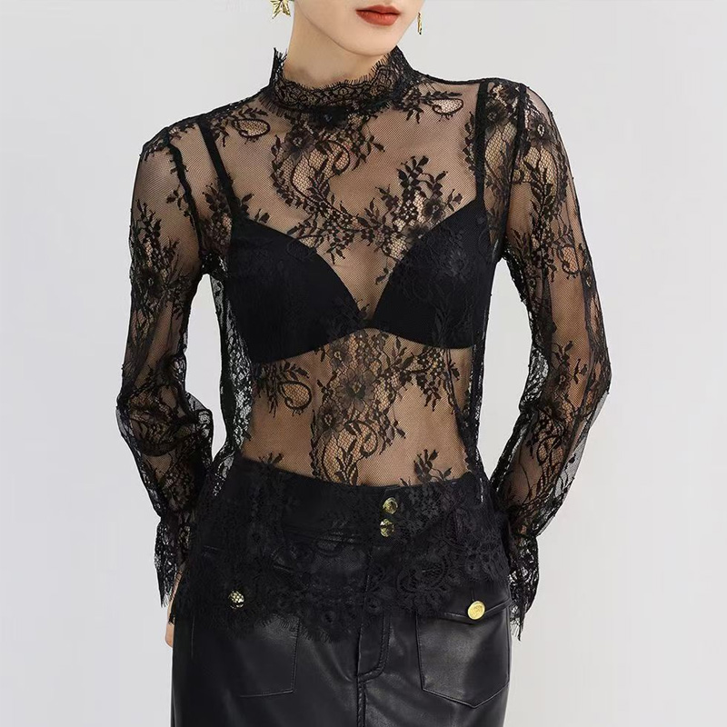Femmes dentelle broderie florale Blouses chemise femme hauts blancs Sexy maille Blouses Transparent élégant Transparent noir Blouse chemise