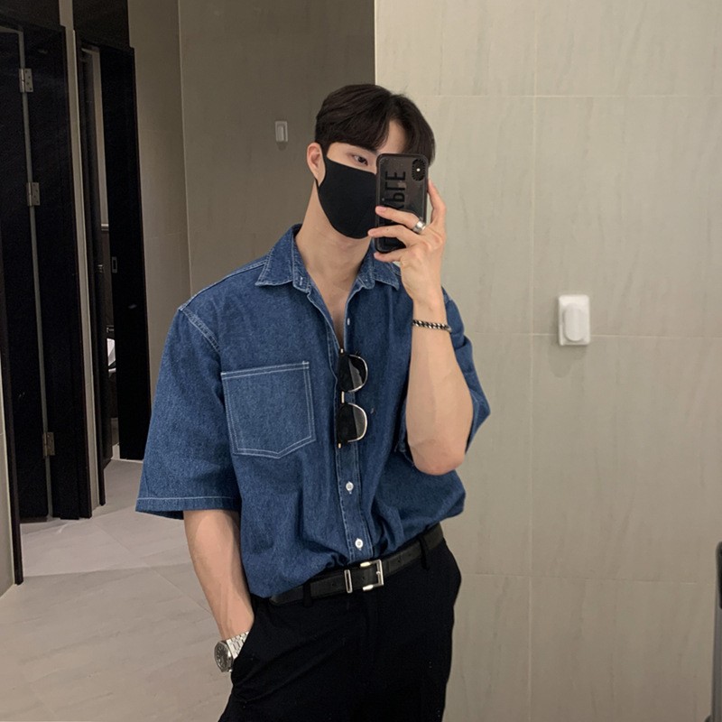 Chemise de poche à manches courtes en denim pour hommes, streetwear populaire coréen, vêtements d'été de luxe, boutonné de loisirs