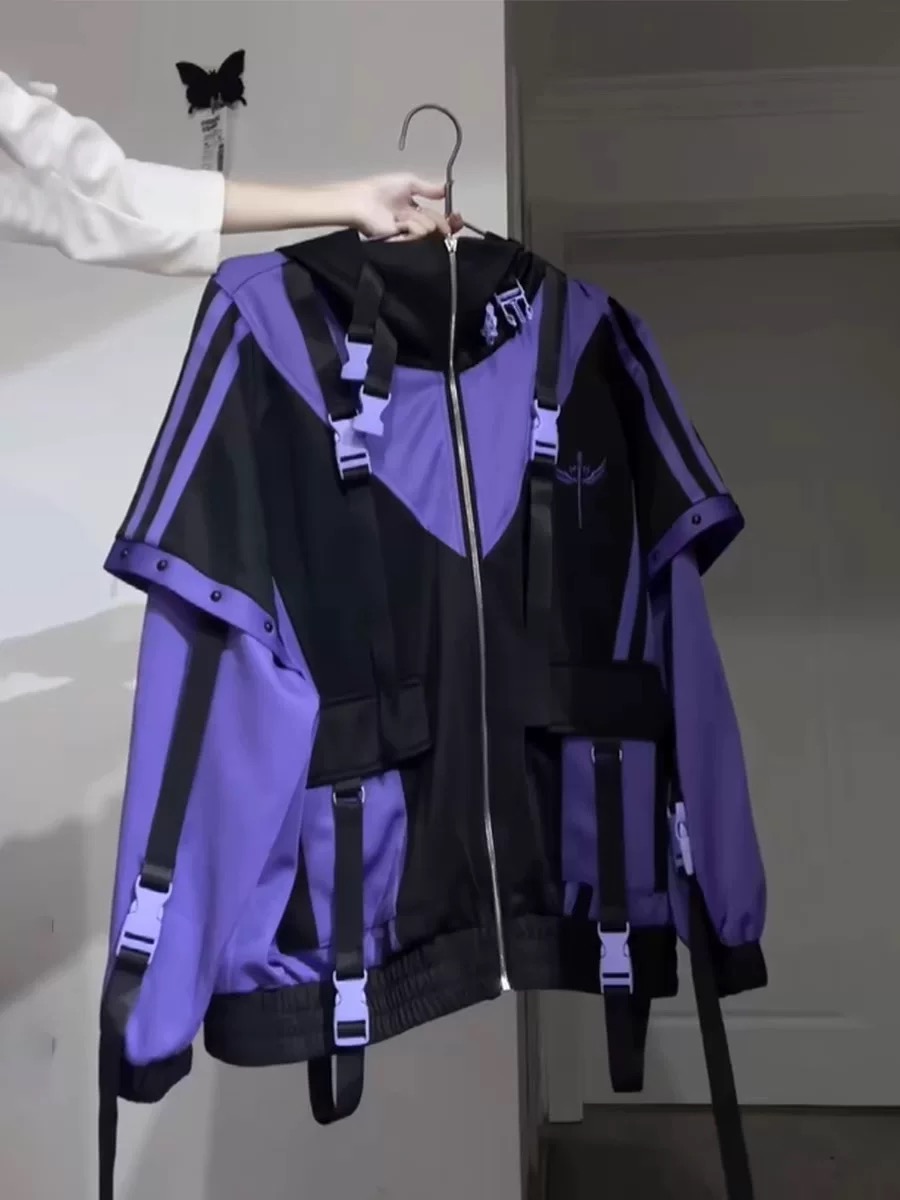 Veste en Patchwork violet pour femmes, mode japonaise, Style Techwear, Harajuku, coupe-vent Cosplay, manteau Vintage Y2K, 2025