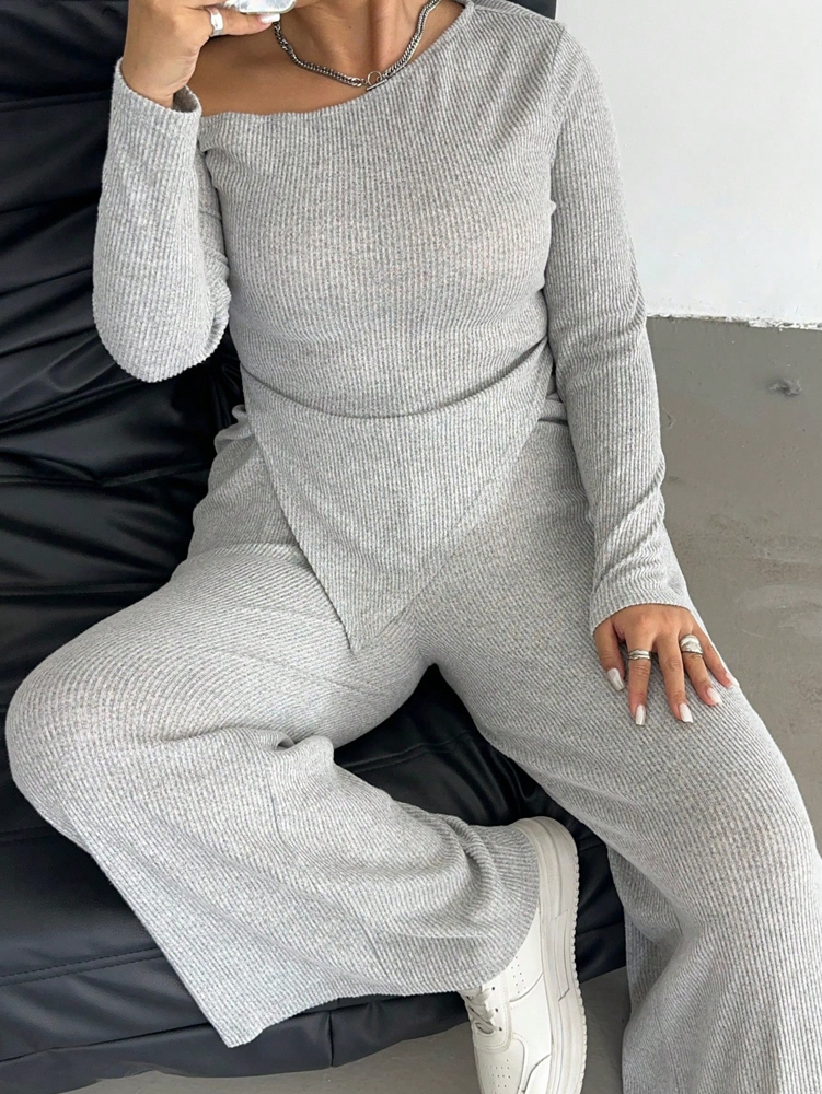Grande taille Sexy Slash épaule à manches longues pantalons décontractés deux pièces ensemble banlieue Style loisirs couleur unie maison