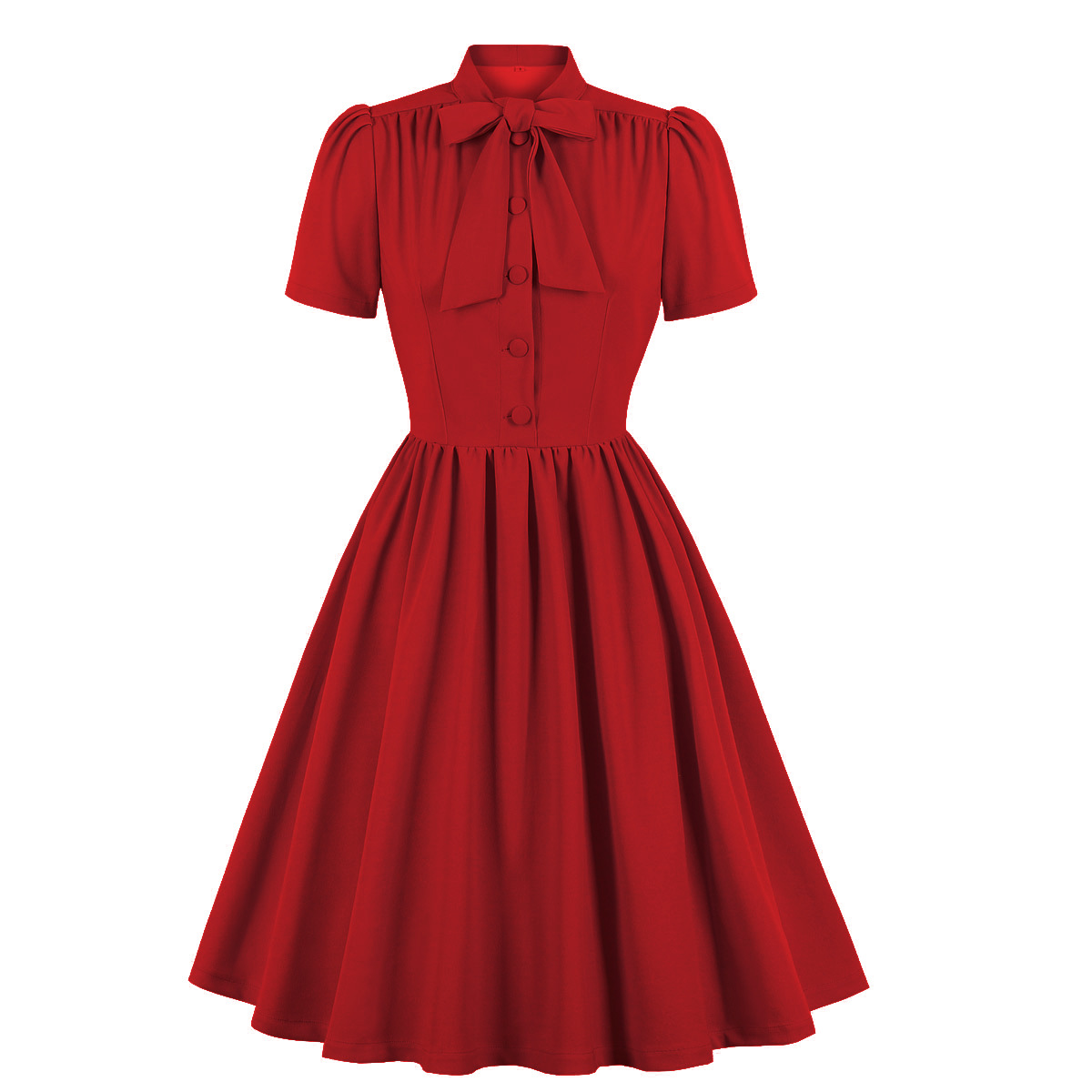 Robe plissée bleue à manches courtes, style vintage français, col à nœud papillon, boutonnée, robes rétro élégantes, style années 50, pin-up, rockabilly