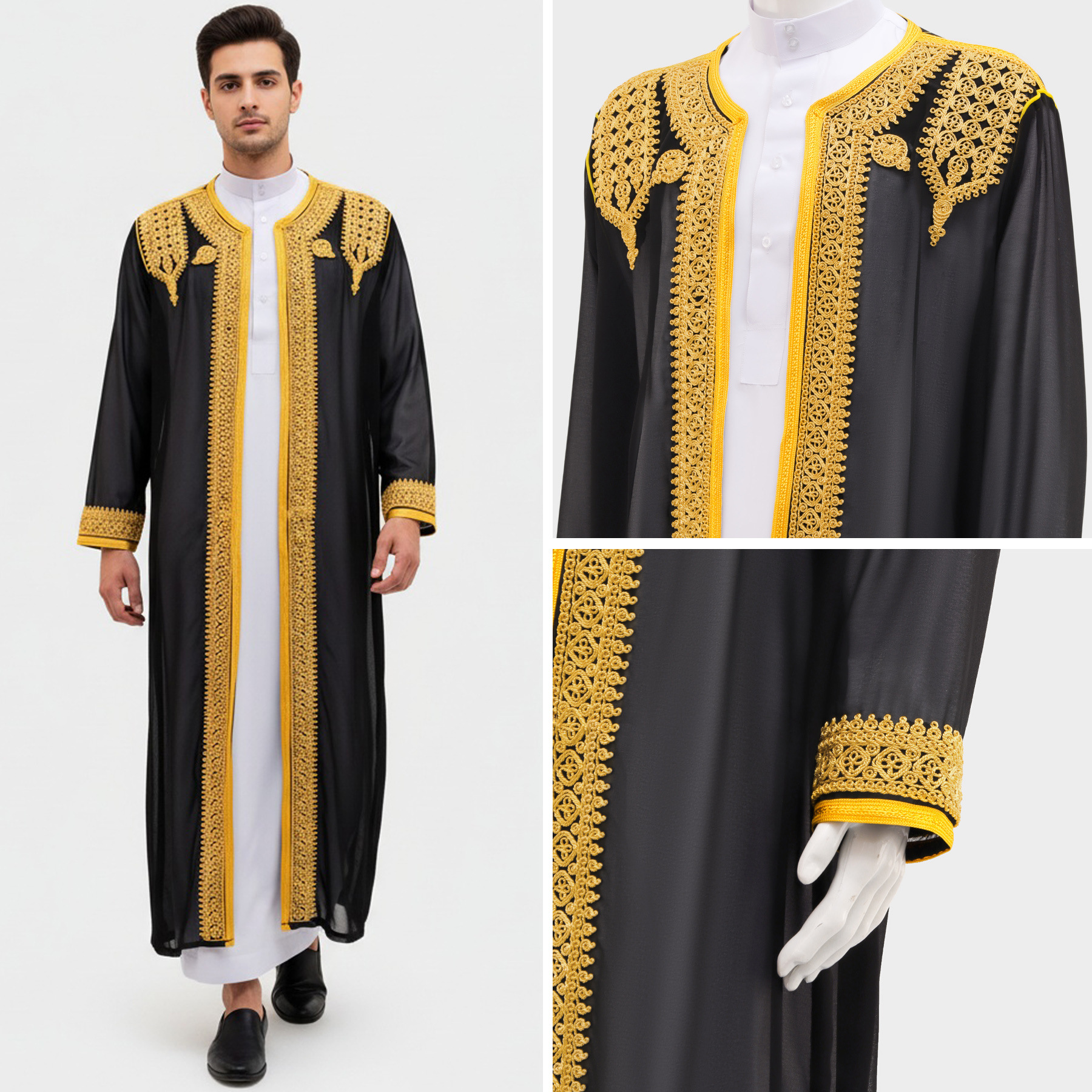 Vêtements islamiques pour hommes Eid Ramadan, Kaftan marocain, Kebaya, Kimono musulman ouvert, Abaya turque, Costume national oriental pour la prière