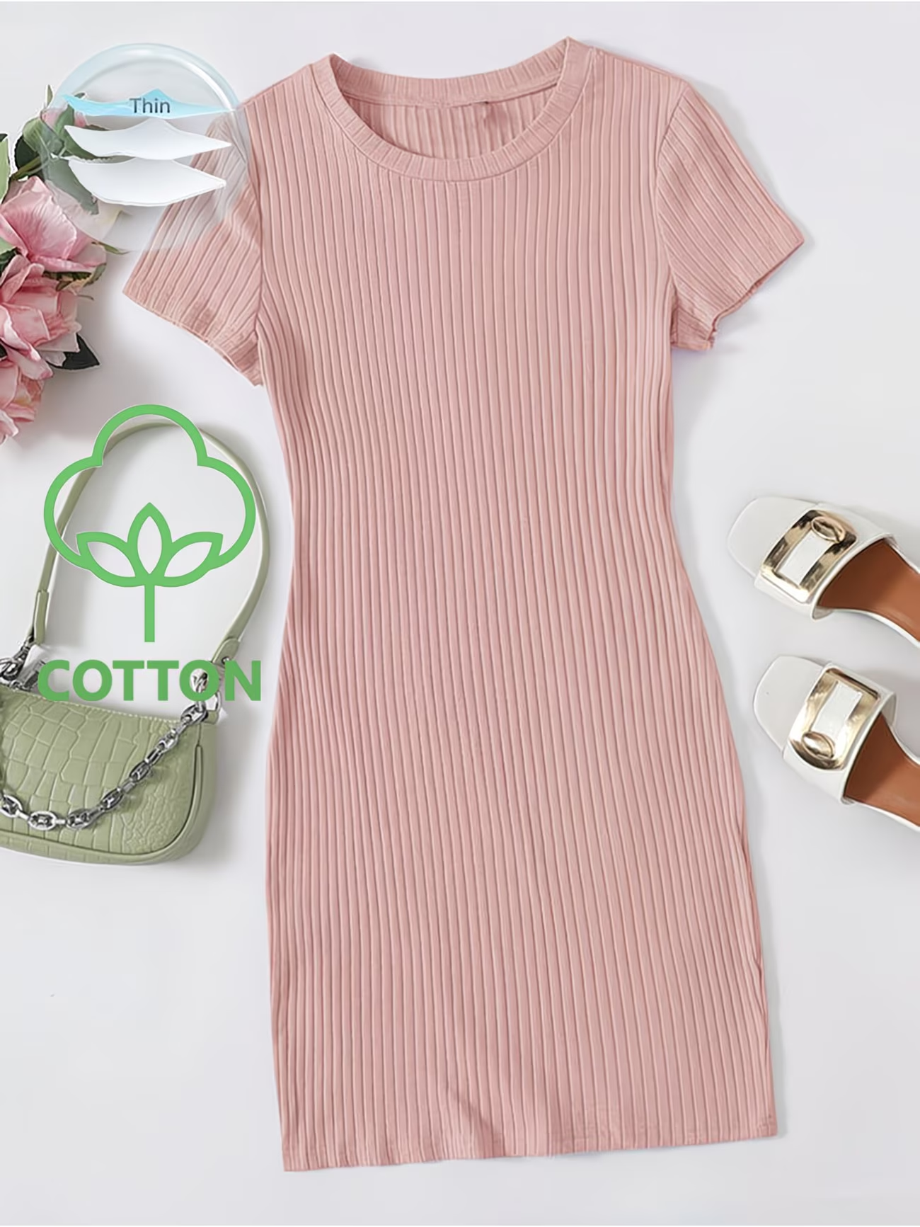 Lot de 3 Robes Décontractées Unies à Manches Courtes - Ensemble de Robes Débardeurs en Coton Côtelé Ajustées Multi-Occasions pour Tenues Quotidiennes