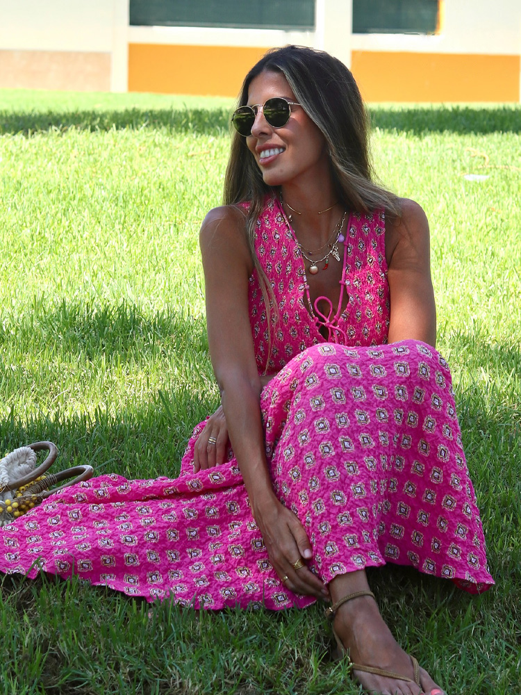 HH – ensemble jupe imprimée pour femmes, Chic, sans manches, col en v, décoration à lacets, haut + taille haute, fermeture éclair, jupe Midi plissée