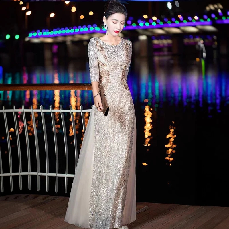 Robe de soirée haut de gamme Banquet Niche lumière luxe hôte acier compagnon conducteur chorale Performance Costume robe longue pour femmes WLF