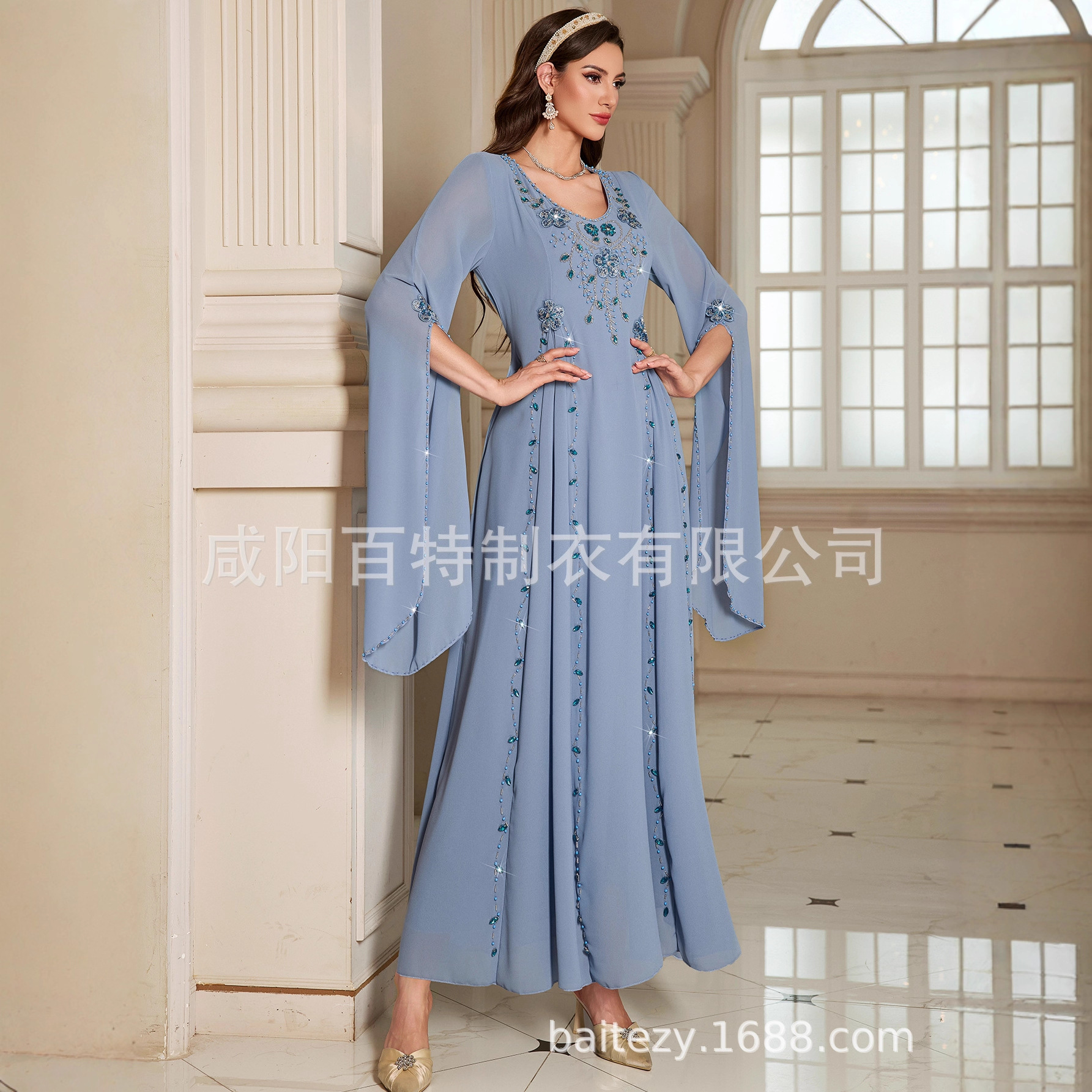 Robes de cérémonie élégantes et tendance pour femmes, couleur bleue unie, col rond, longueur cheville, avec perles, abaya musulmane, nouvelle mode féminine